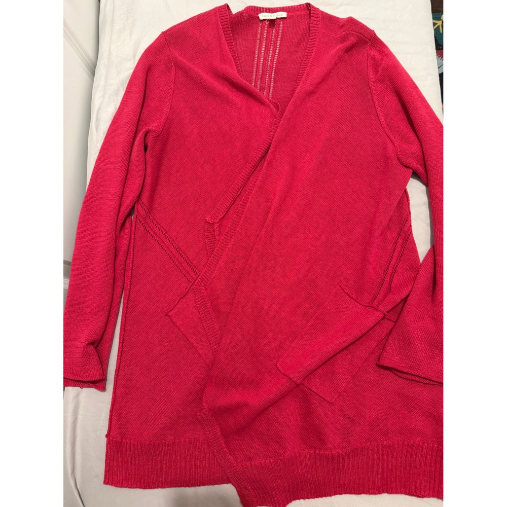 Eileen Fisher Festival Red 100% Linen Open Front‎ Cardigan Sweater Pockets Large